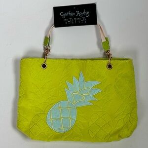 NWT Cynthia Rowley Small Neon Lime Tote / Purse with Blue Pineapple Applique